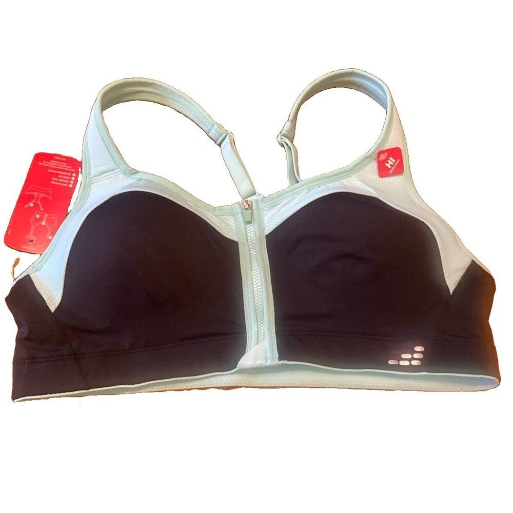 BCG Black Green Zip-Front Wireless Racerback Padded High Support Bra XL